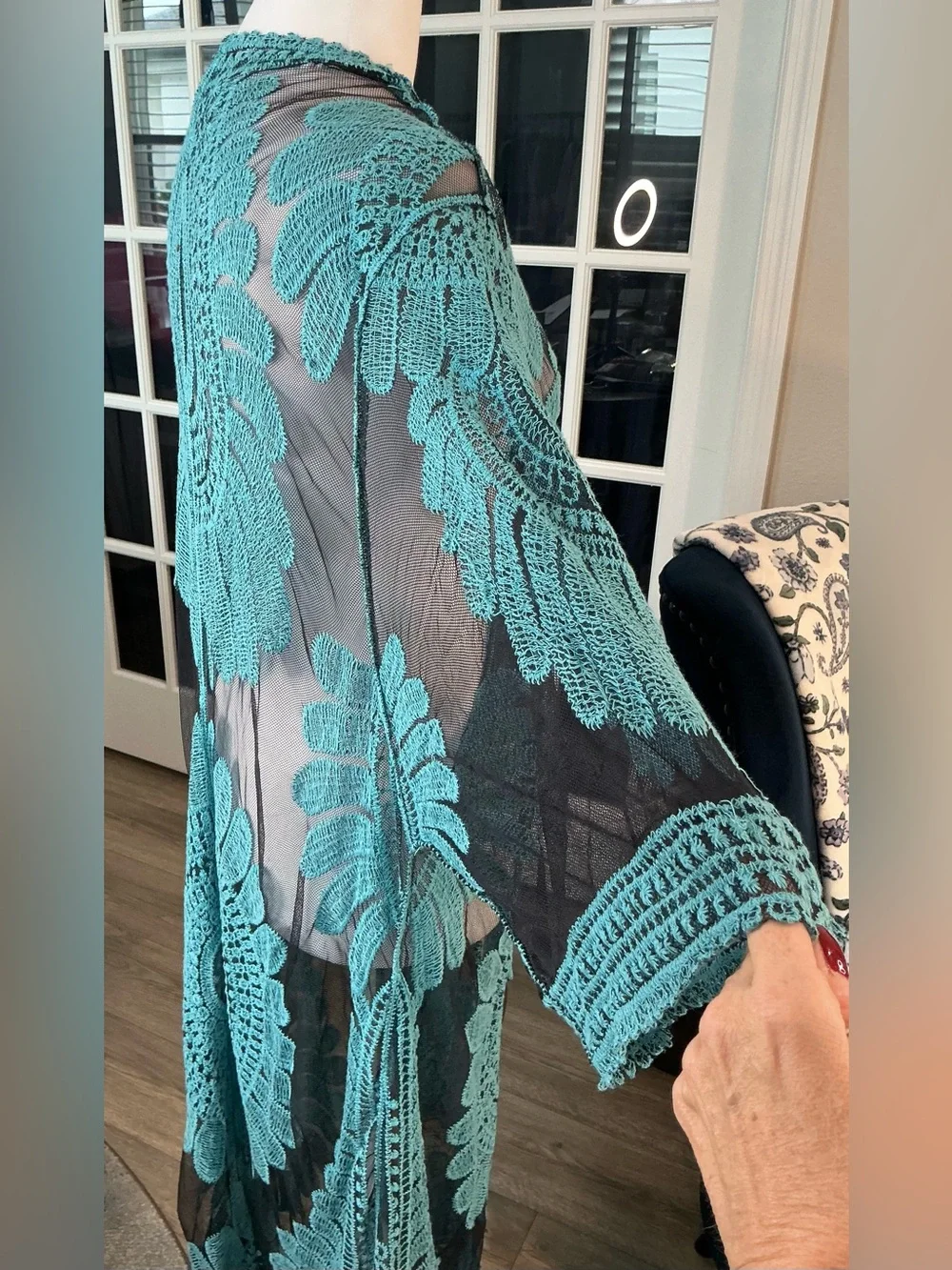 ASHA Turquoise Lace Mesh Duster Kimono Coverup Long Boho Beach Duster - One Size